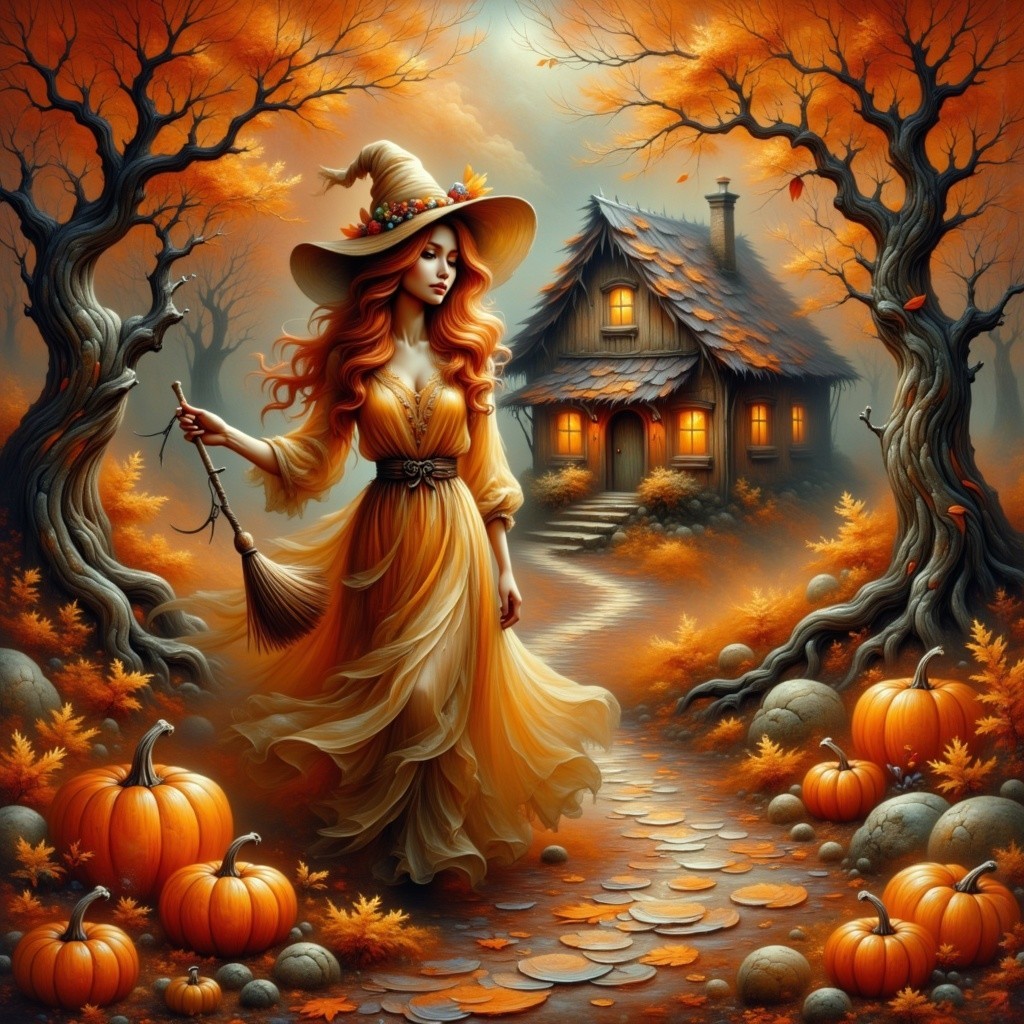 Whimsical Witch in Autumn Landscape with Pumpkins