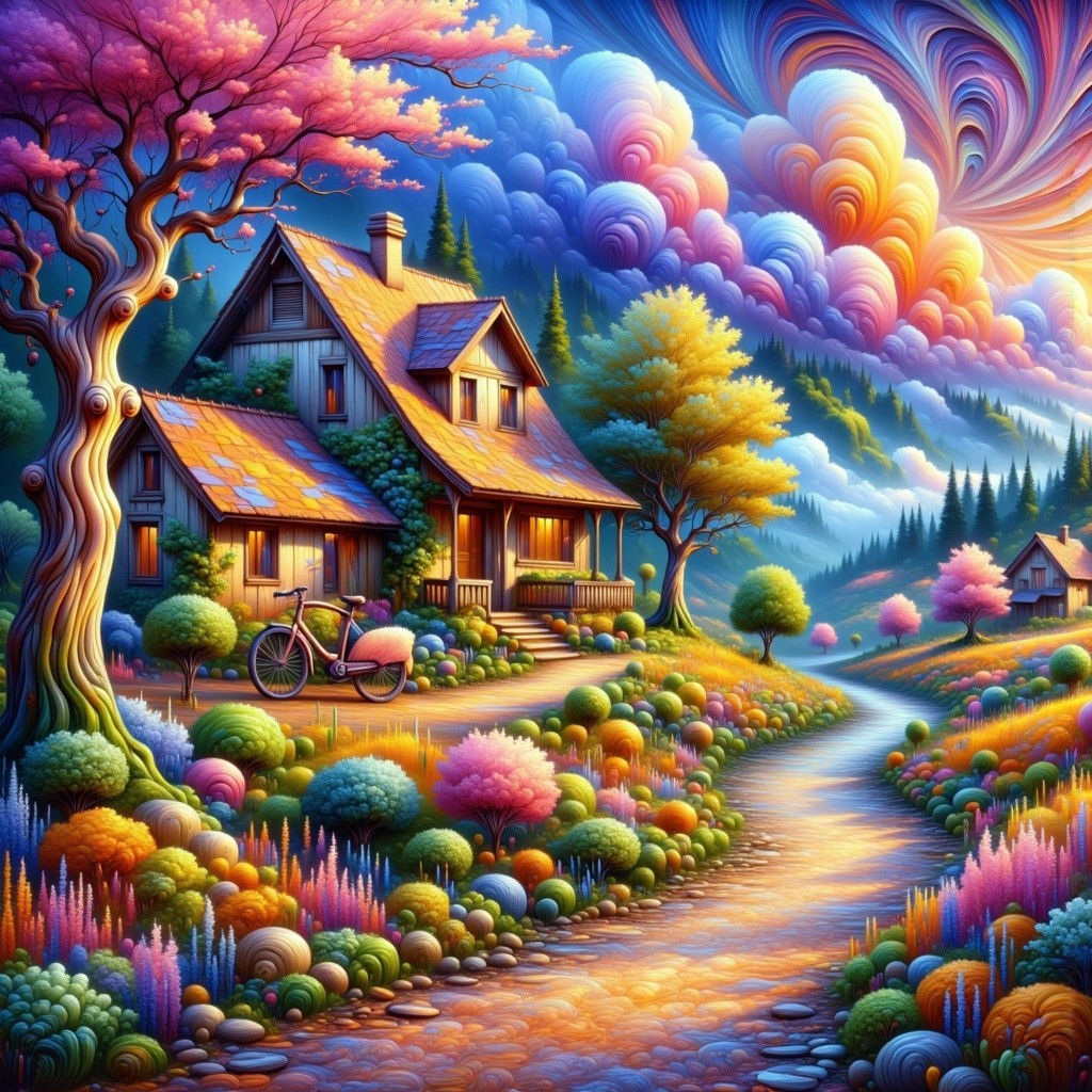 Whimsical Cottage Surrounded by Lush Gardens and Trees