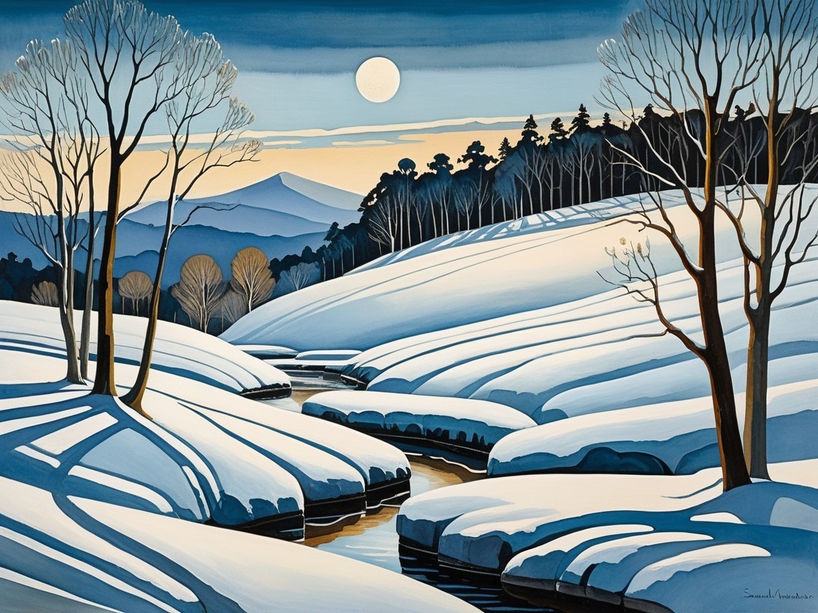 Winter Landscape at Dusk with Full Moon and Stream
