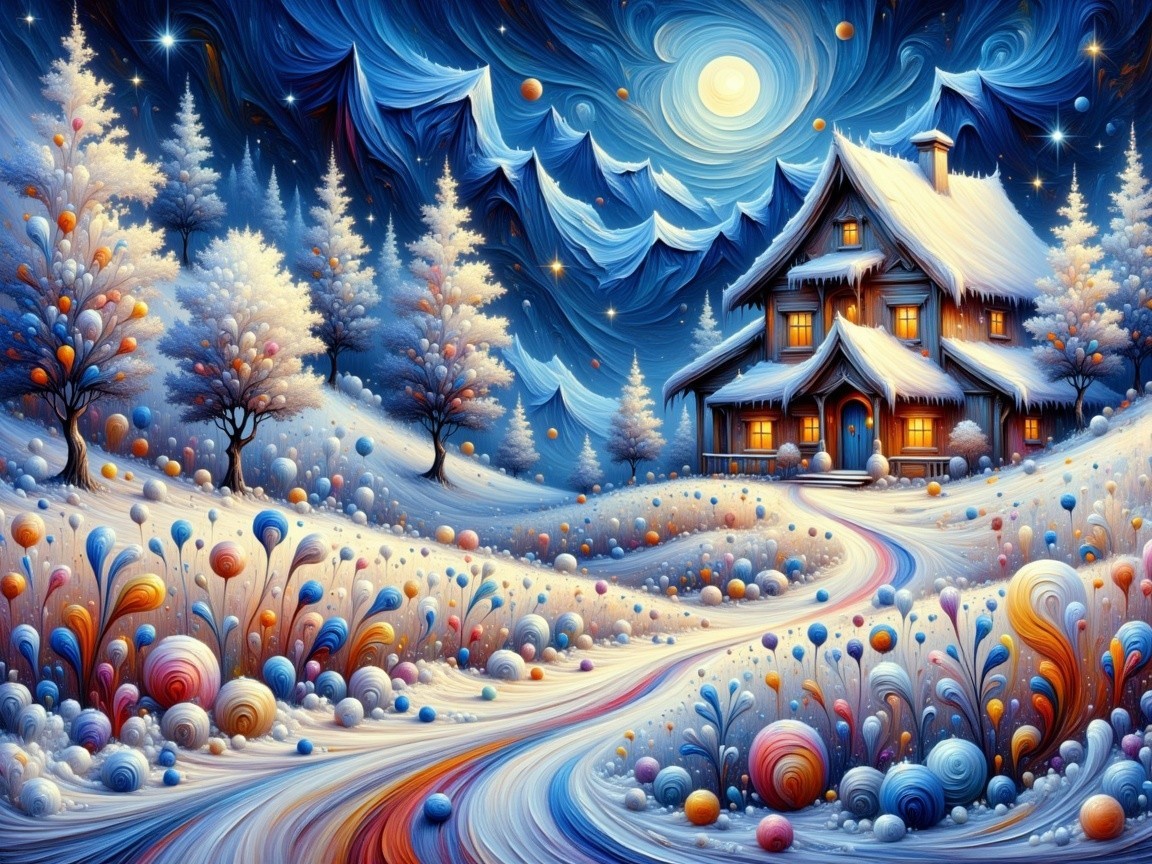 Cozy Snow-Covered Cottage in Vibrant Winter Landscape