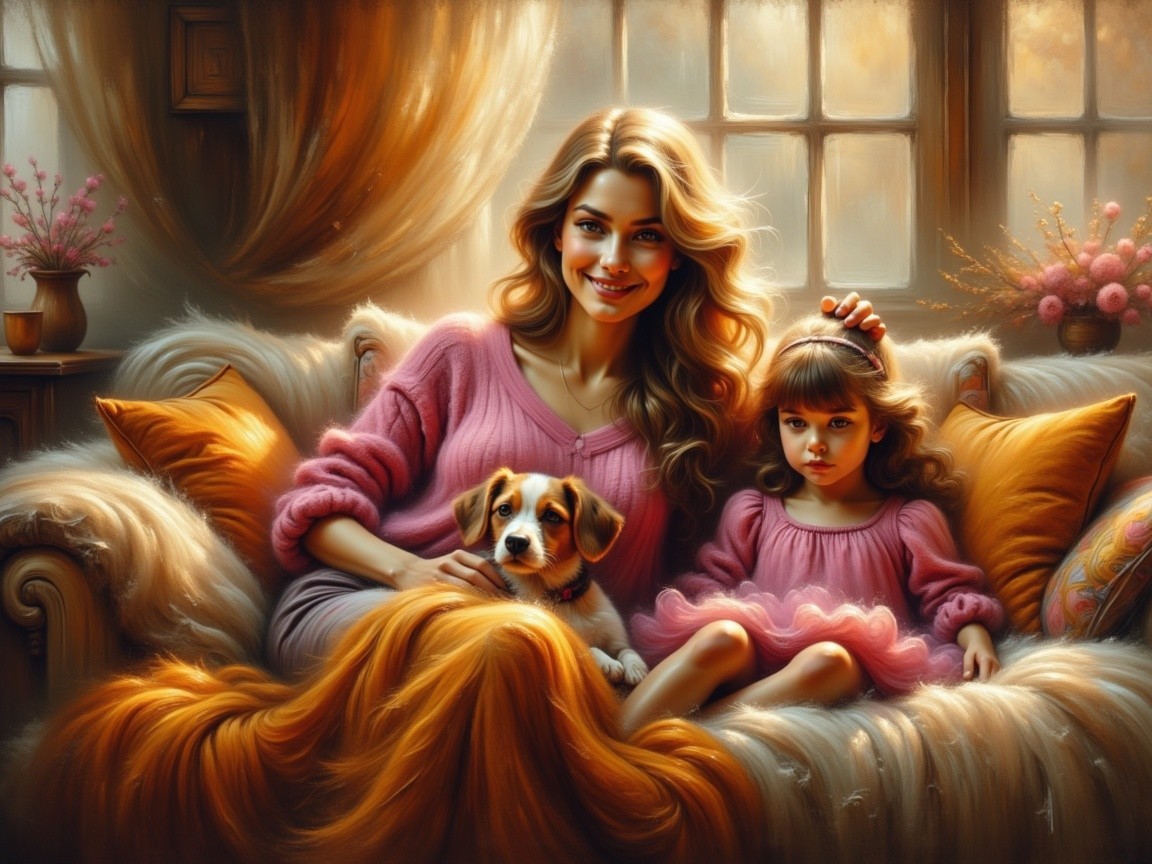 Cozy Scene of Woman and Girl on Golden Couch