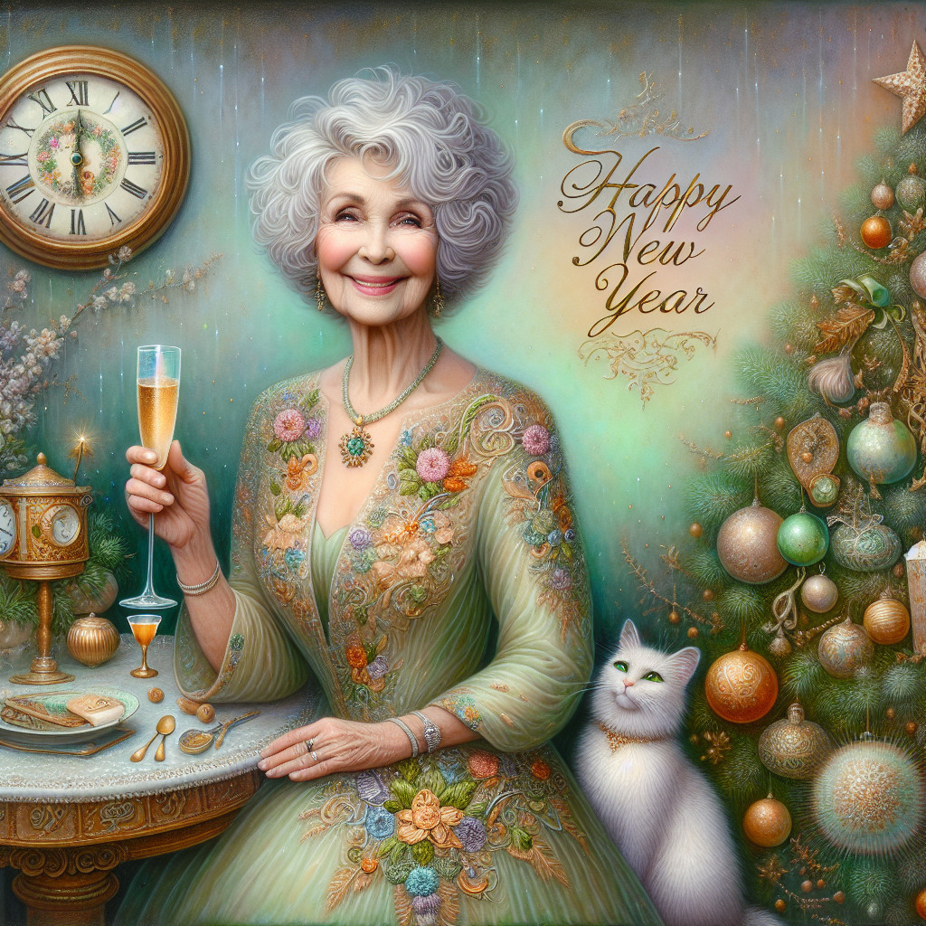 Elderly Woman Celebrating New Year with Decorations