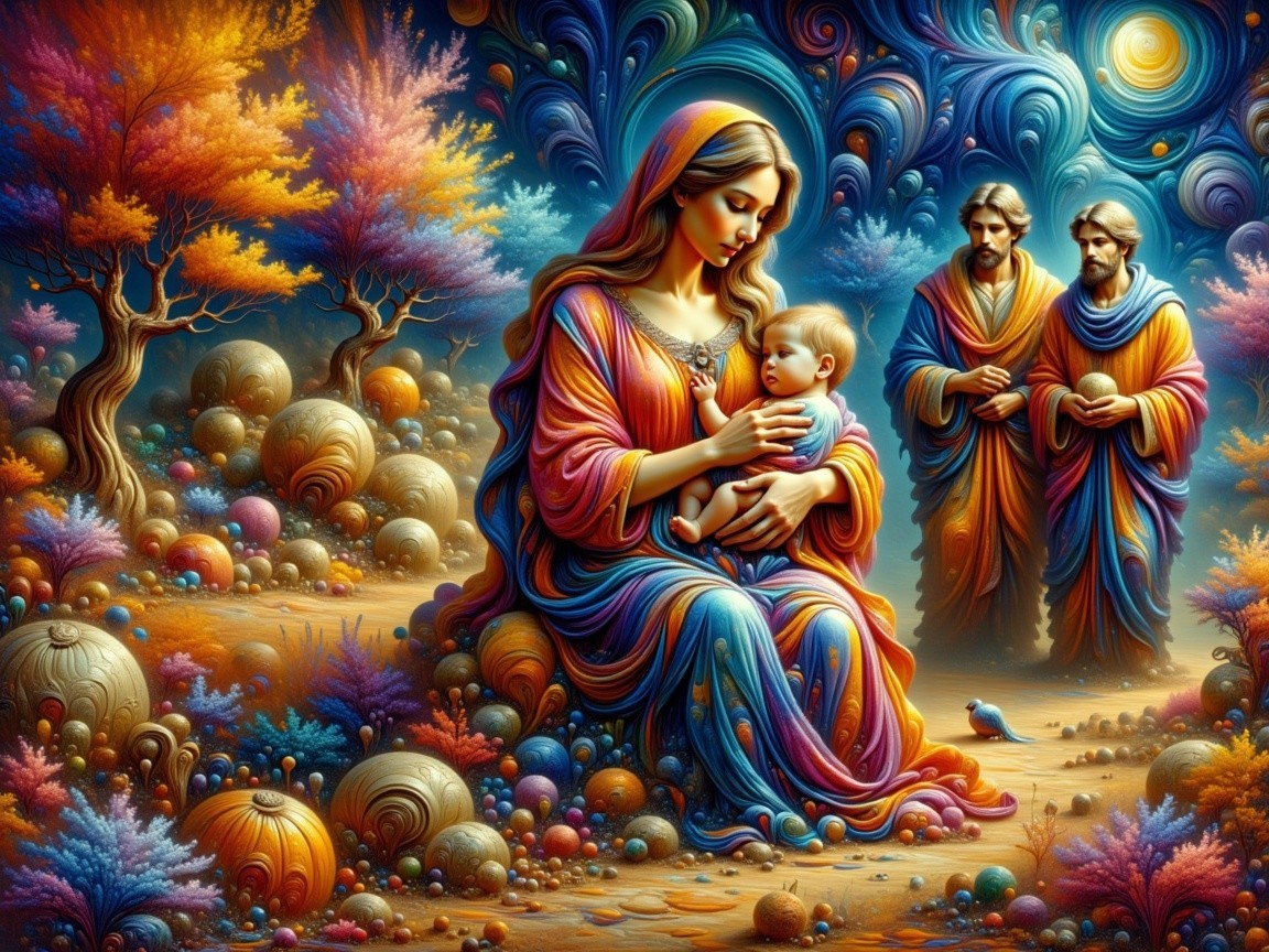 Vibrant Madonna Figure with Baby in Fantastical Scene