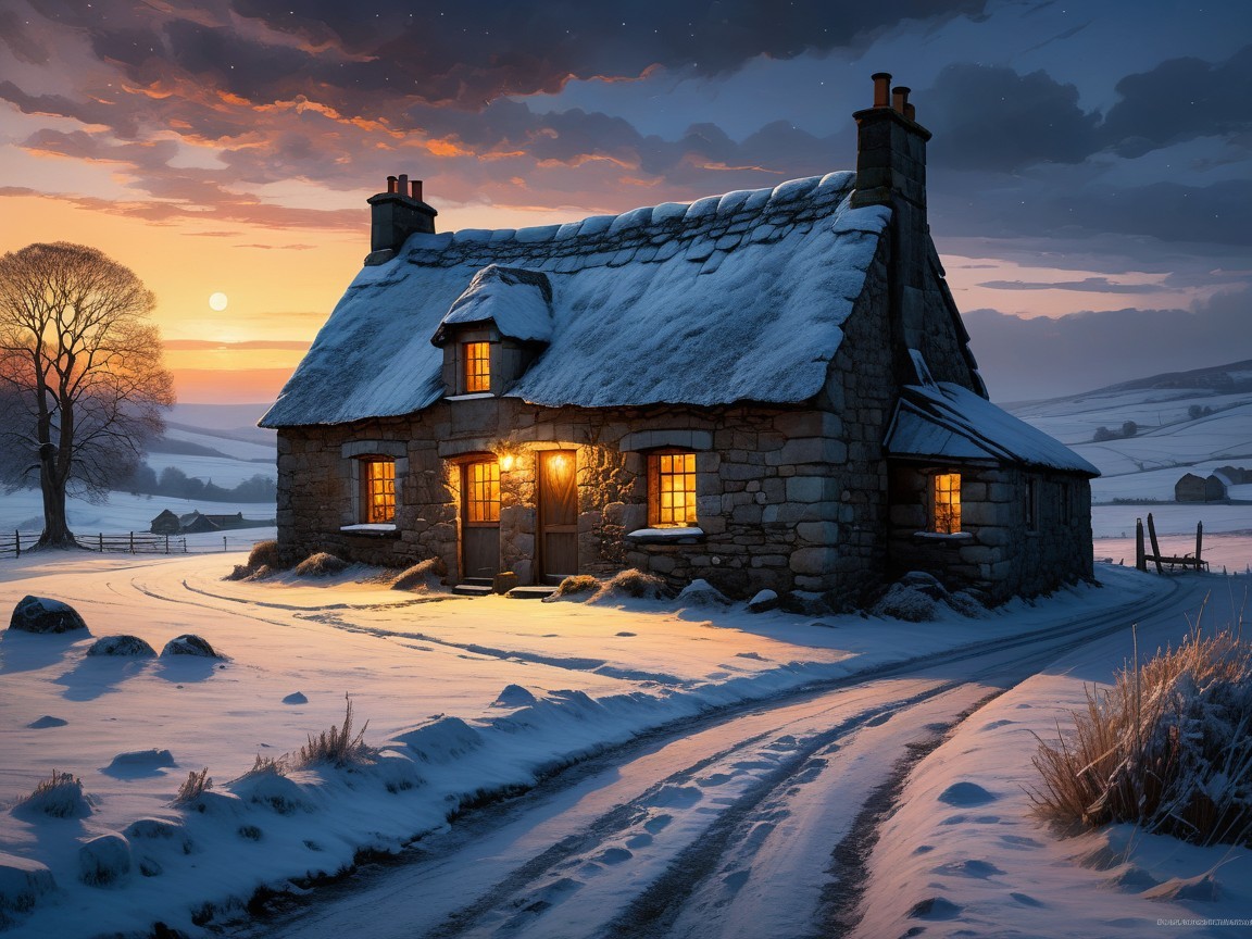 Cozy Stone Cottage Under Moonlit Winter Sky
