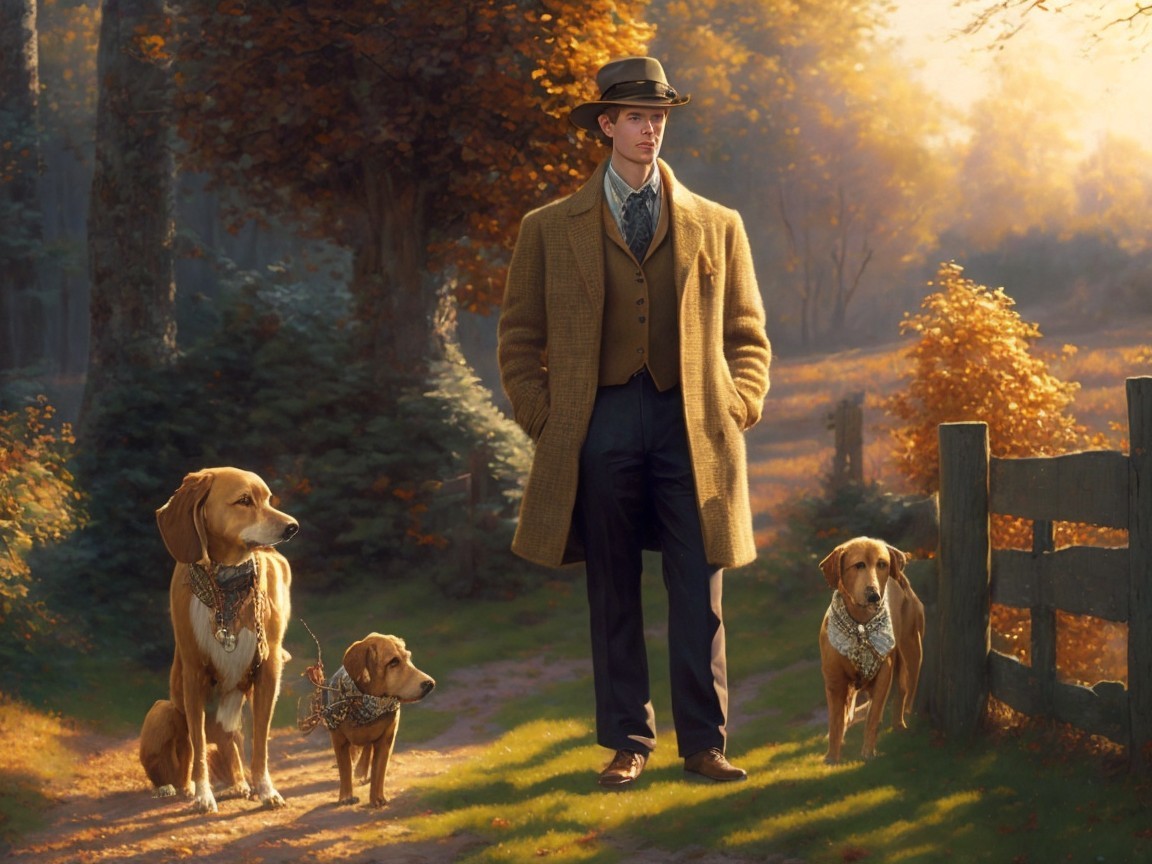 Dapper man with dogs in autumn forest scene