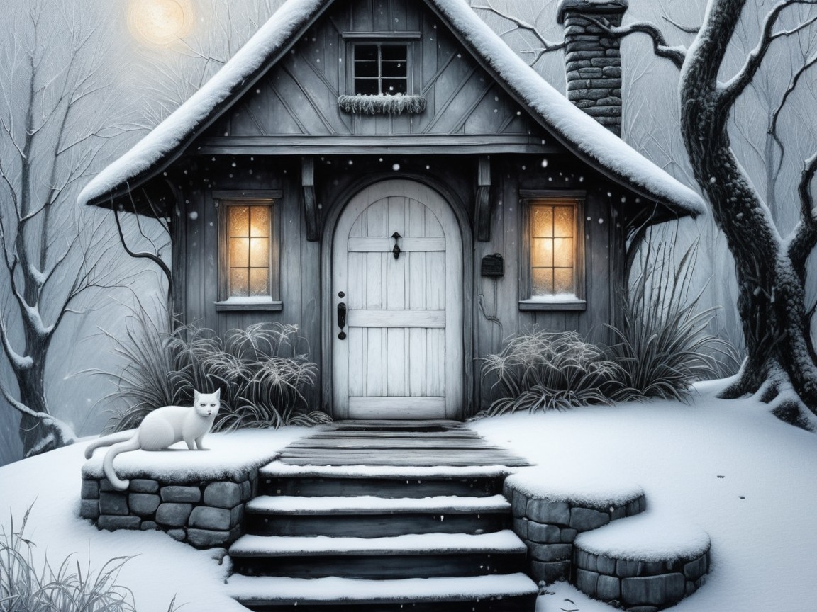 Monochrome Digital Painting of a Winter Cottage
