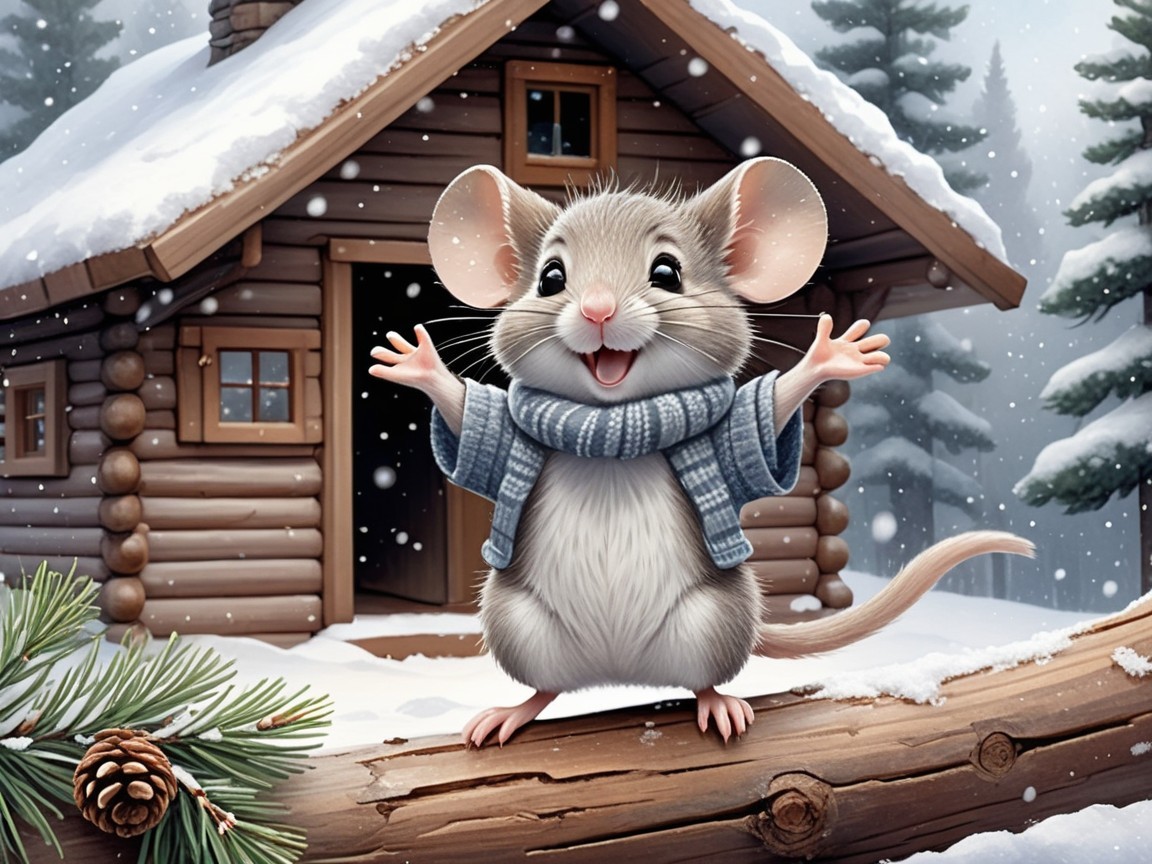 Cheerful cartoon mouse in winter scene with cabin