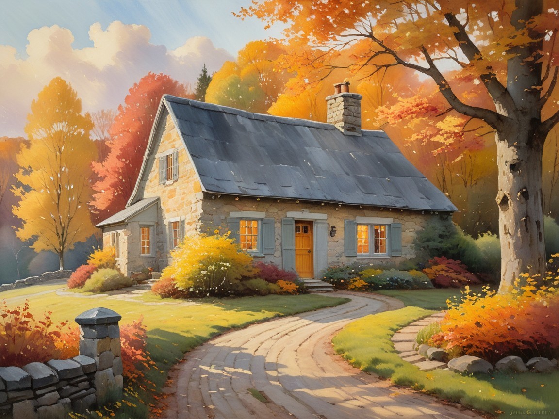 Watercolor of a stone cottage in autumn foliage