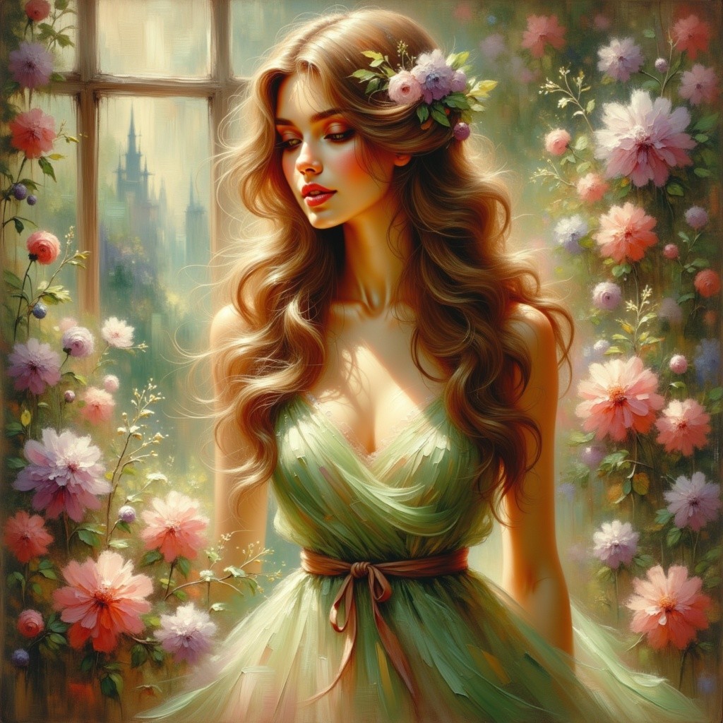 Young Woman in Floral Garden with Dreamy Landscape