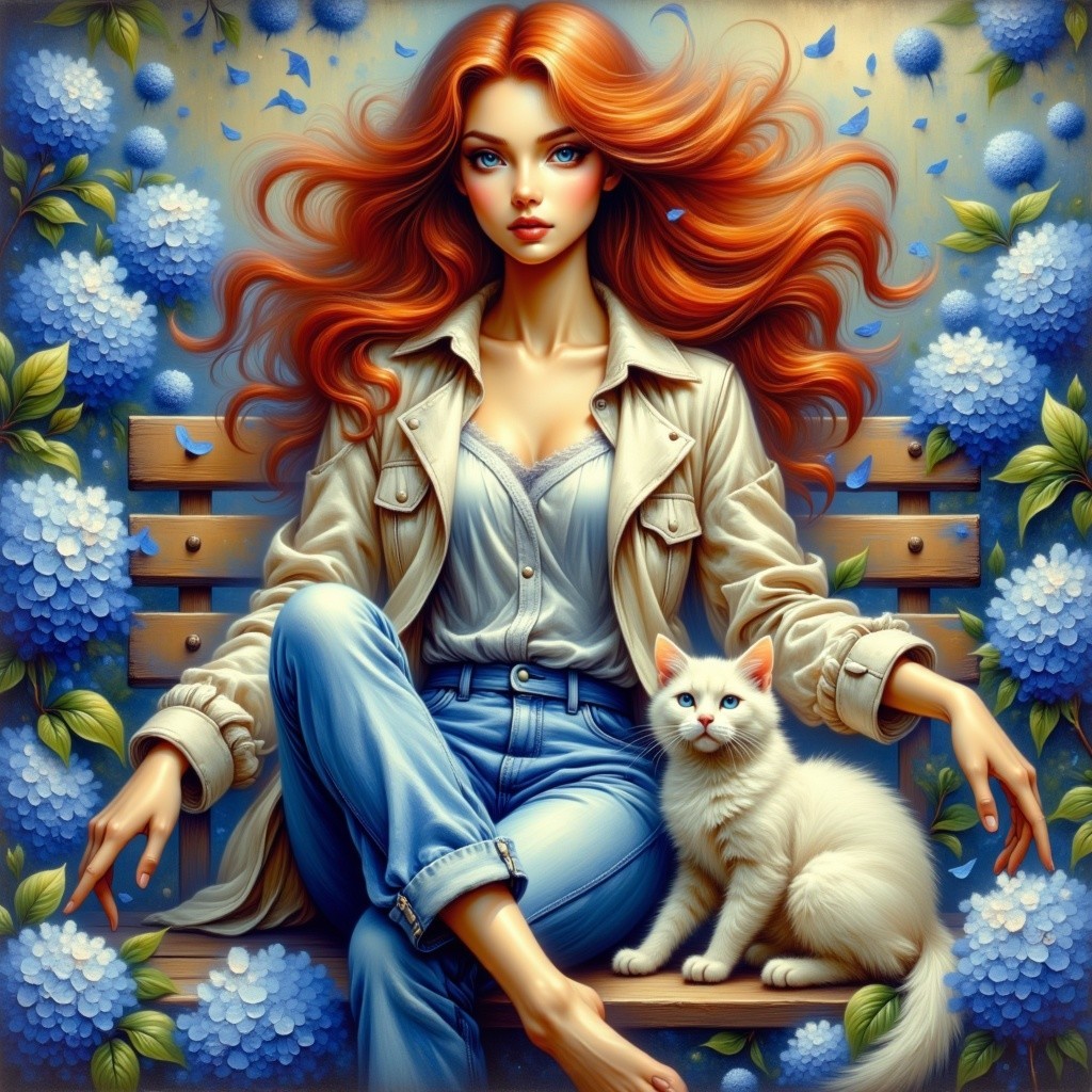 Woman with Red Hair and Cat in Blue Hydrangeas