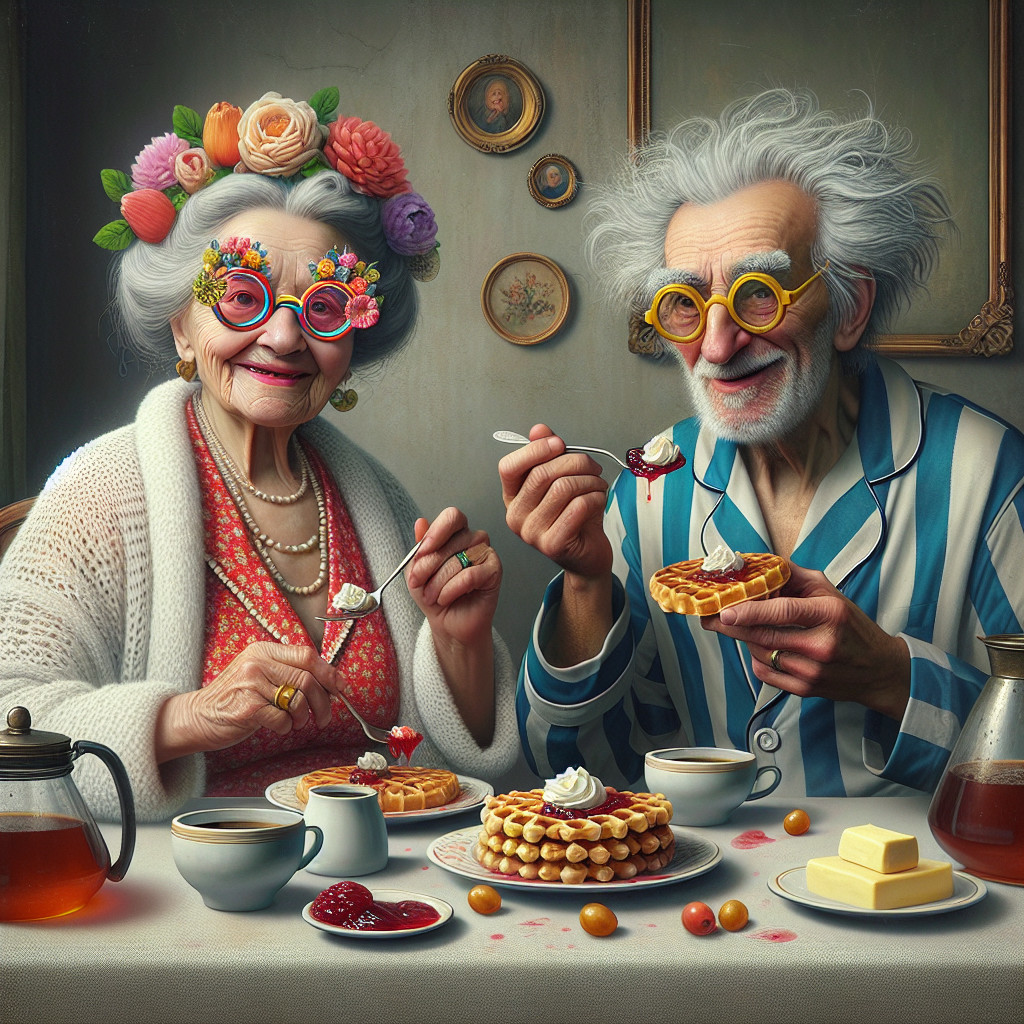 Elderly Couple Enjoys Waffles in Cozy Vintage Setting
