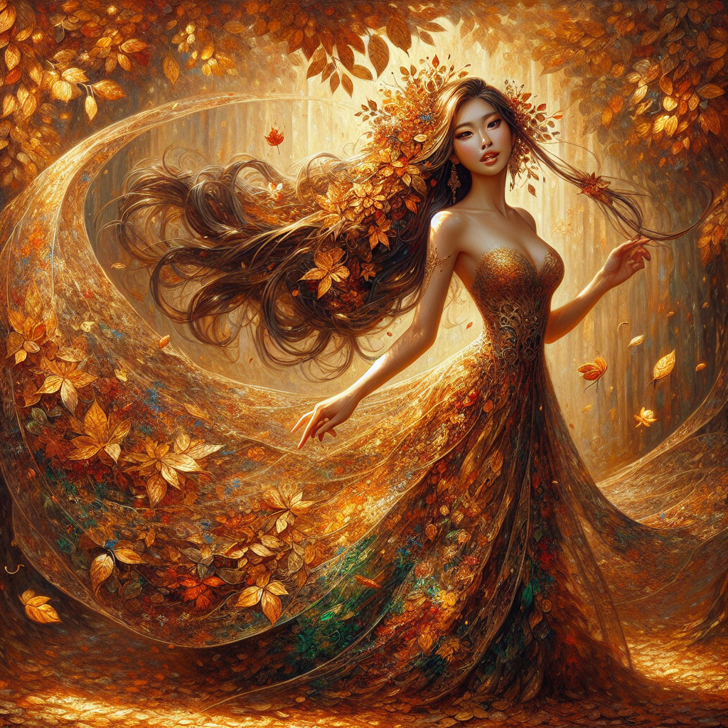 Autumn Figure in Gown of Vibrant Leaves in Forest