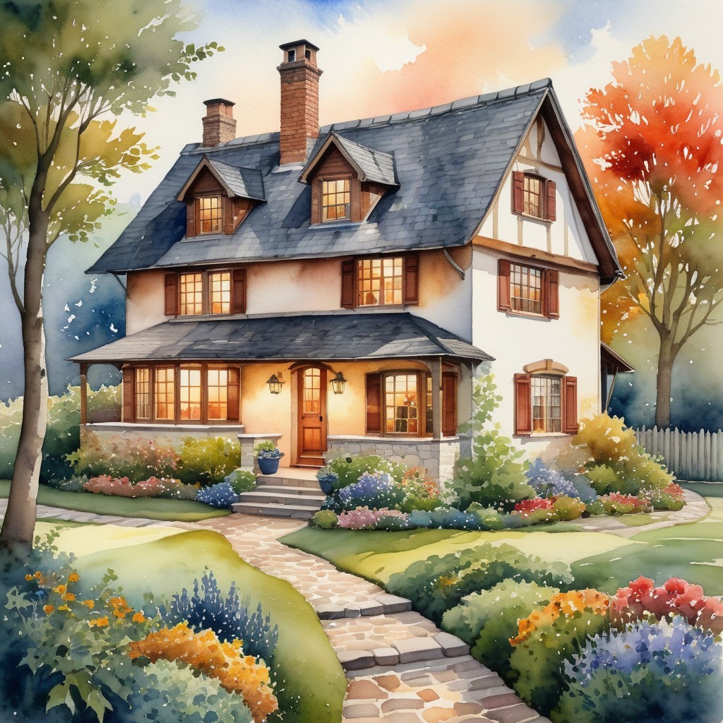 Two-Story House with Gardens and Autumn Foliage