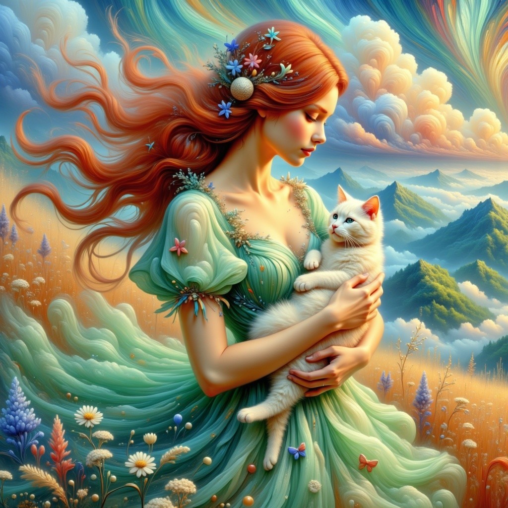 Dreamlike Landscape with Woman and White Cat