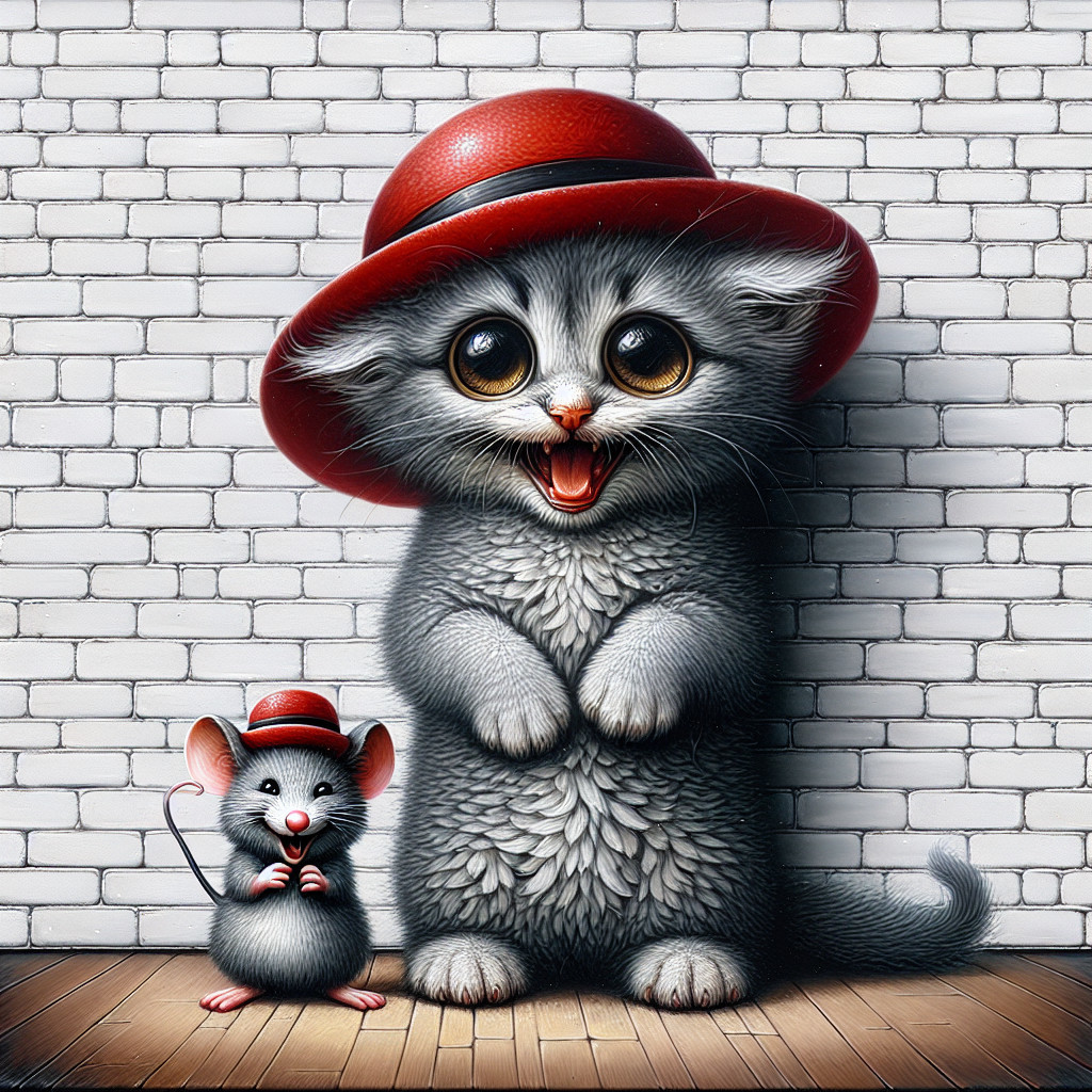 Playful Gray Kitten and Tiny Mouse in Red Hats