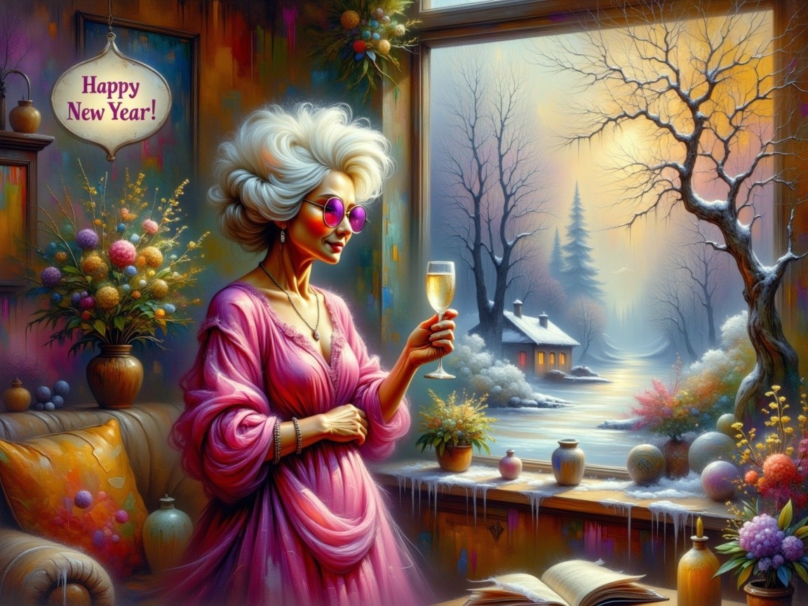 Grandmother Celebrating New Year in Snowy Setting