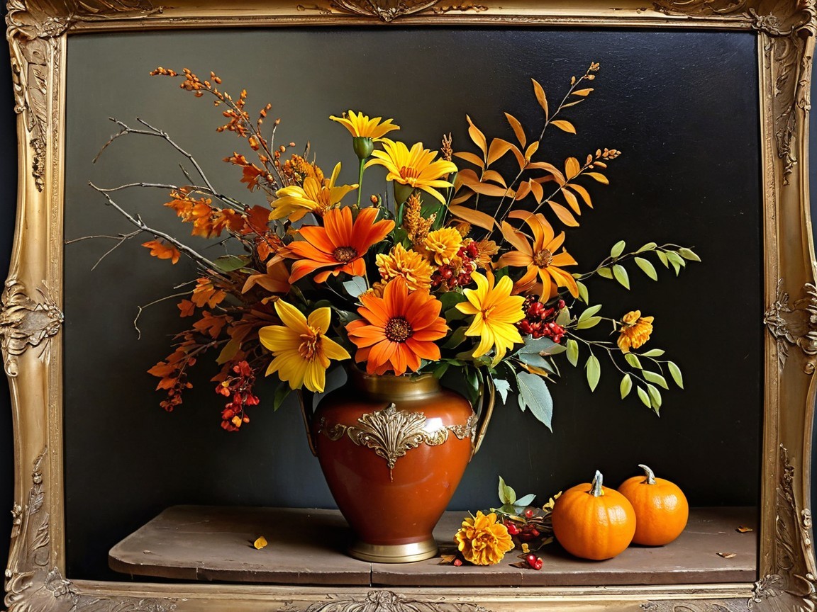 Vibrant Autumn Bouquet in Antique Vase with Pumpkins