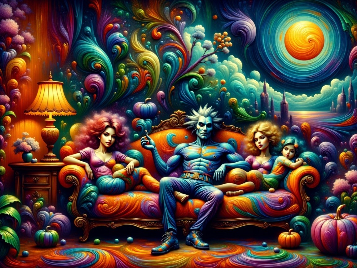 Psychedelic Scene with Blue-Skinned Figure and Colors