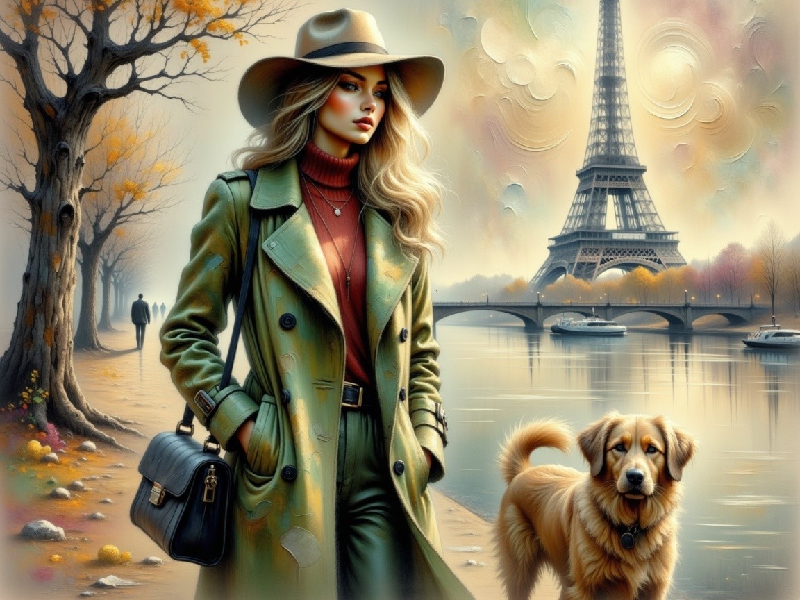 Woman in Green Overcoat by River with Golden Retriever