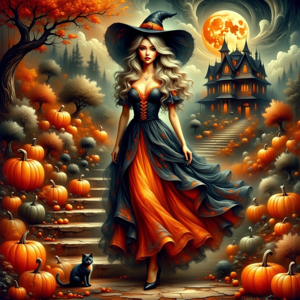 Witch in Gown Surrounded by Pumpkins and Mansion