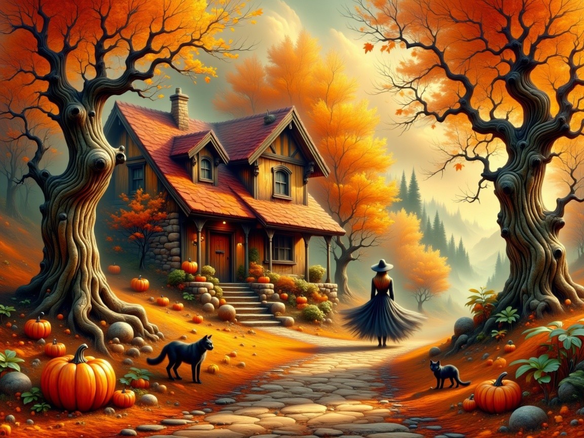 Autumn Landscape with Cottage and Black Cats