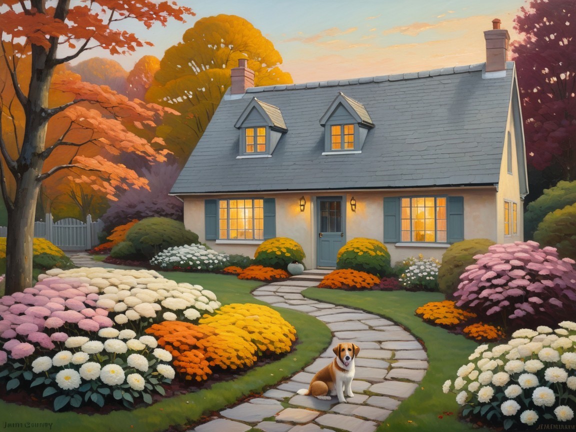 Cottage Surrounded by Autumn Foliage and Flowers