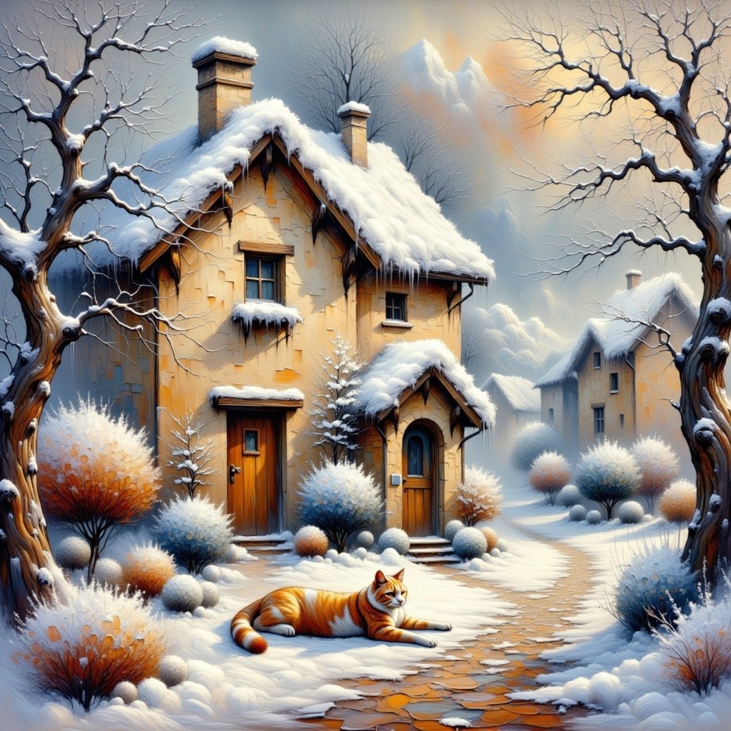 Snow-Covered Village with Charming Houses and Cat
