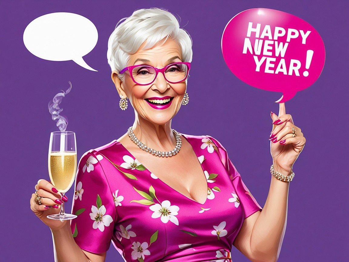 Vibrant Portrait of Happy Older Woman in Purple Background