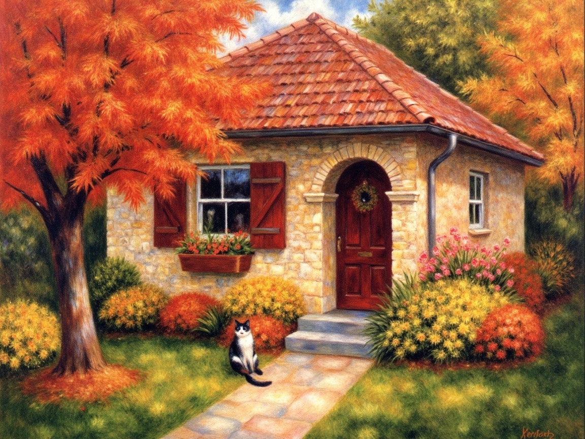 Stone Cottage Surrounded by Autumn Foliage and Flowers