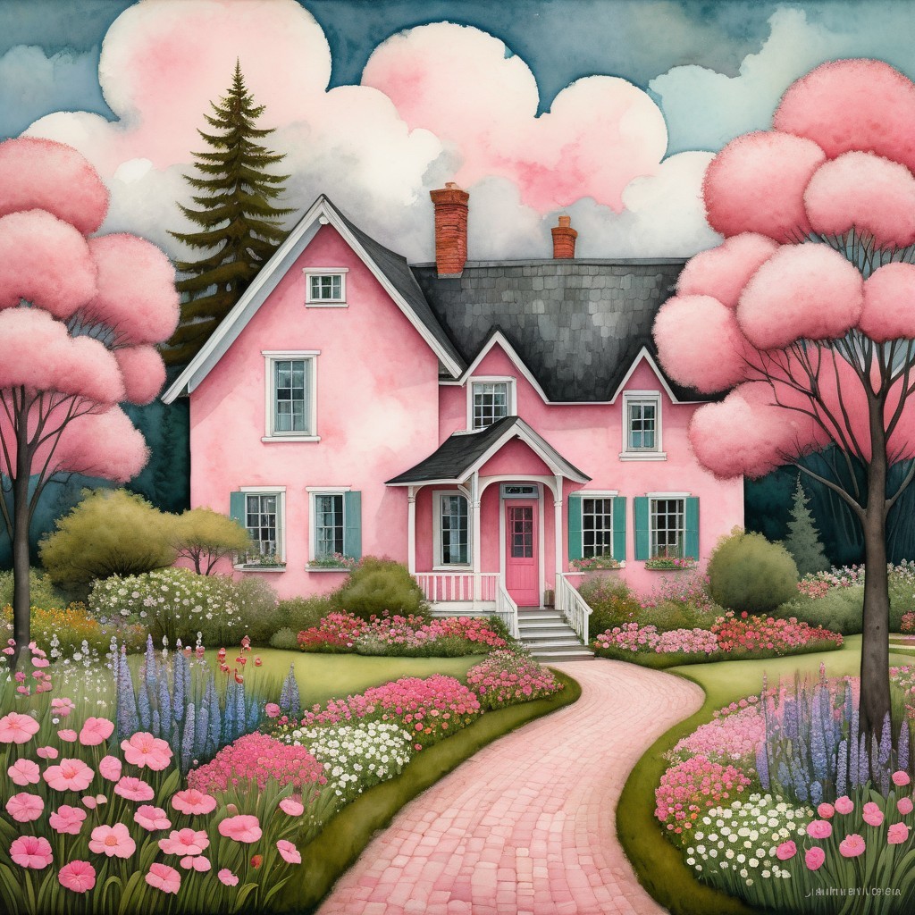 Charming Pink House with Flowerbeds and Stone Pathway