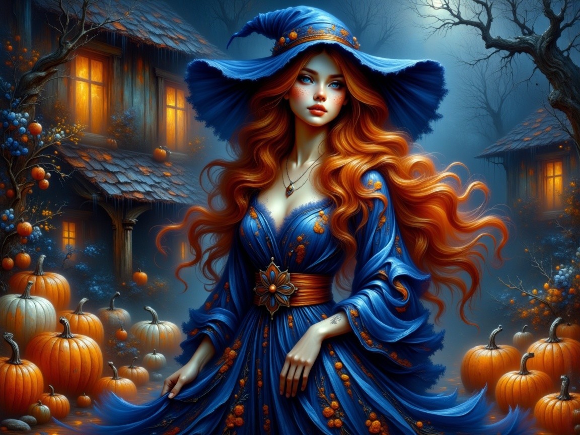 Witch in Blue Dress Amidst Autumn Cottages and Pumpkins