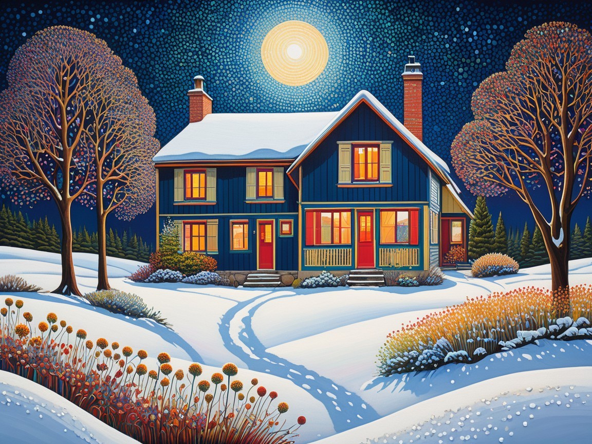 Charming Blue House in Snowy Winter Landscape