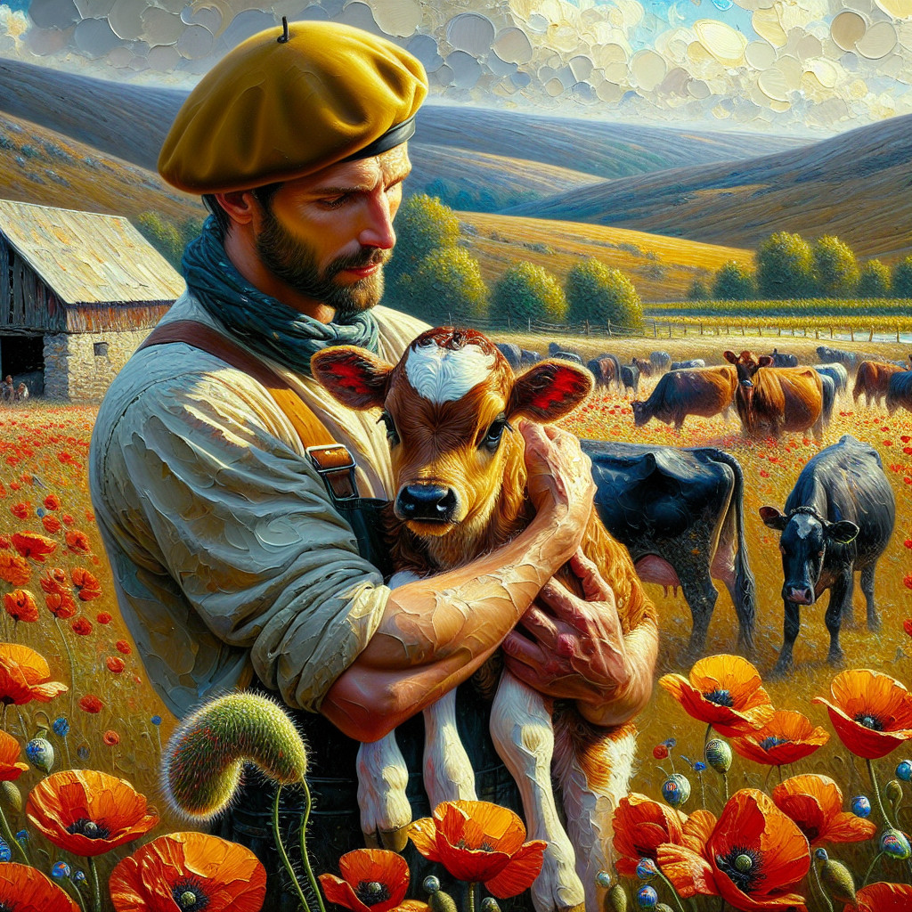 Pastoral Scene of Farmer with Calf and Grazing Cows