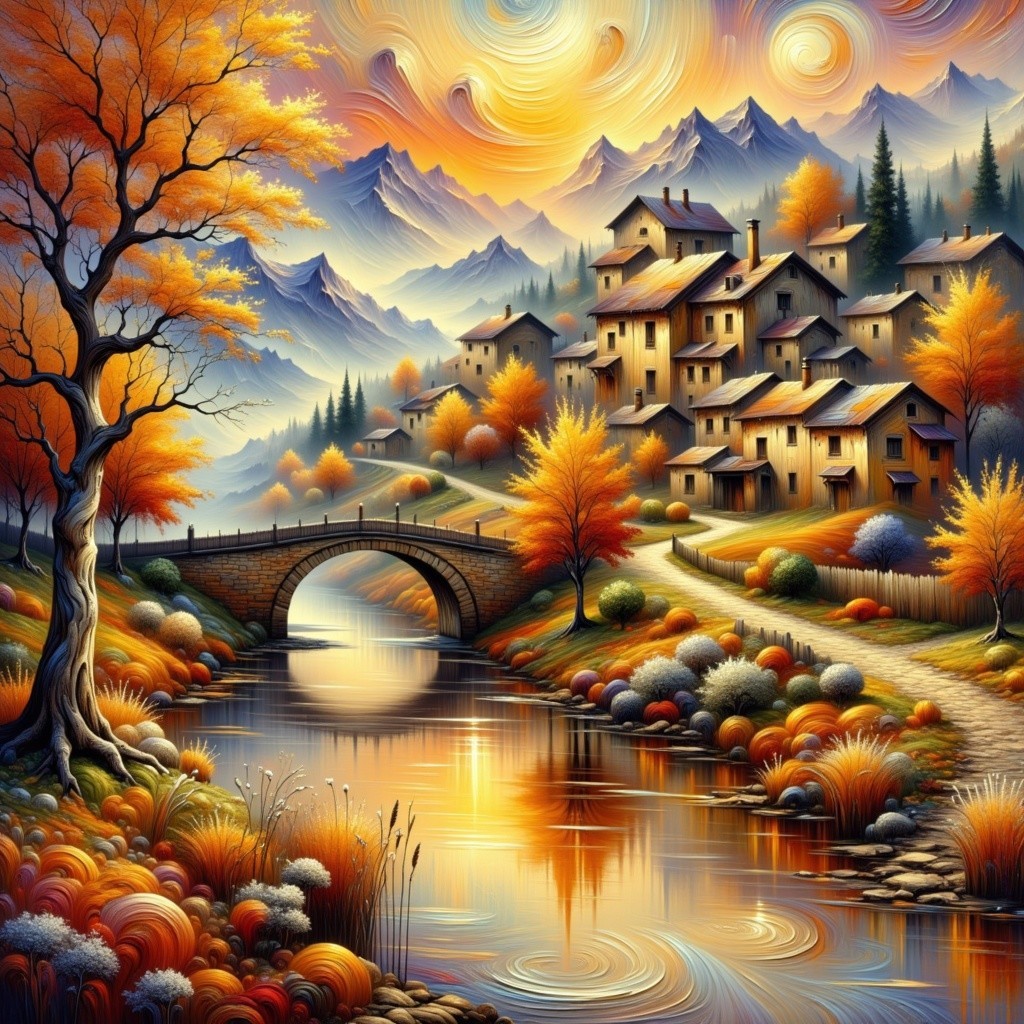 Autumn Landscape with River and Charming Stone Bridge
