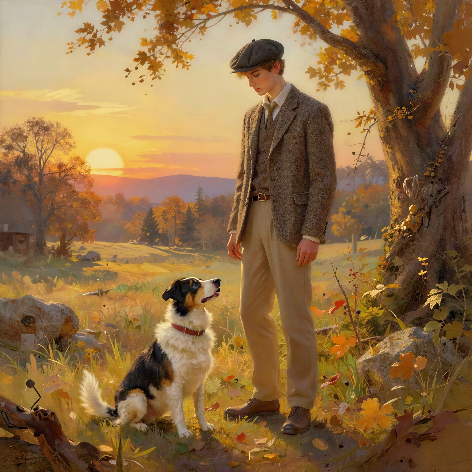 Young boy and border collie in autumn field scene