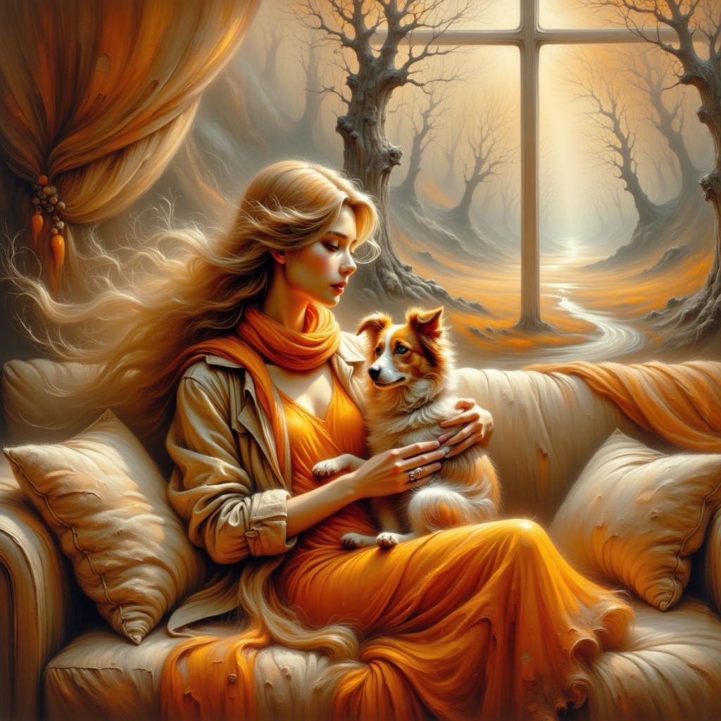 Serene Scene of a Woman with a Dog in Cozy Setting