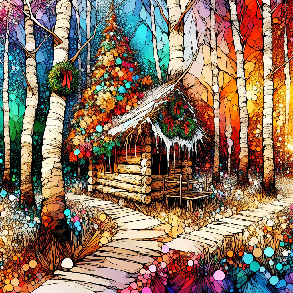 Charming Log Cabin Surrounded by Colorful Birch Trees