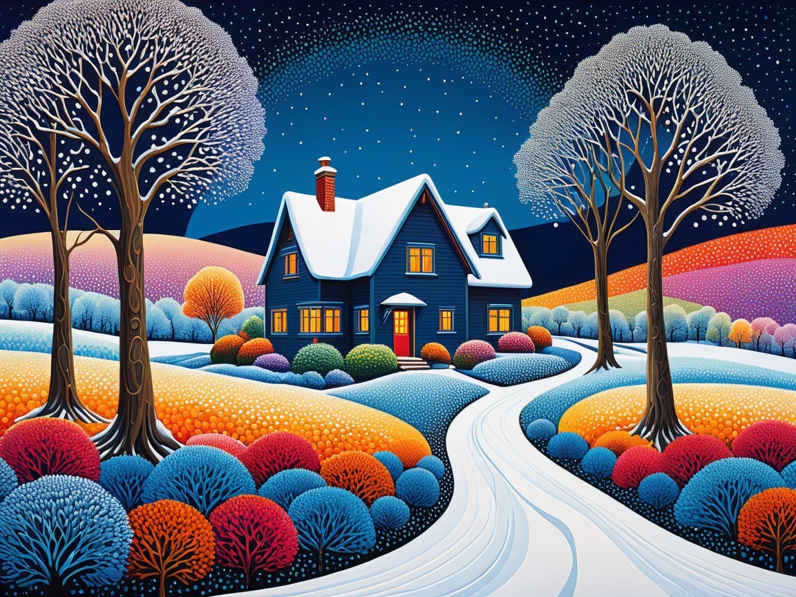 Cozy Blue House in a Winter Landscape with Colorful Trees