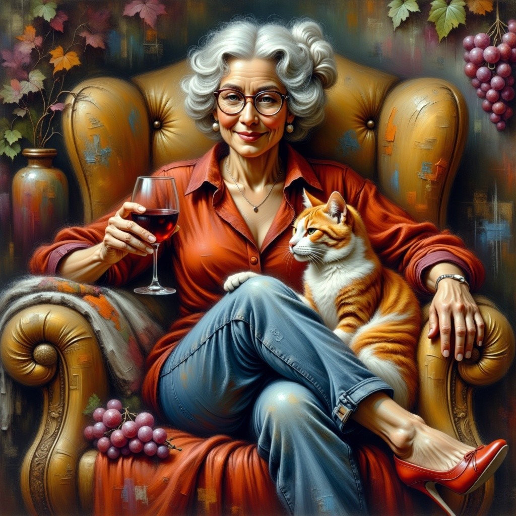 Charming Older Woman with Cat in Cozy Setting