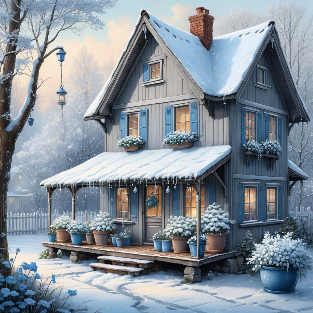 Snow-Covered House in a Serene Winter Landscape