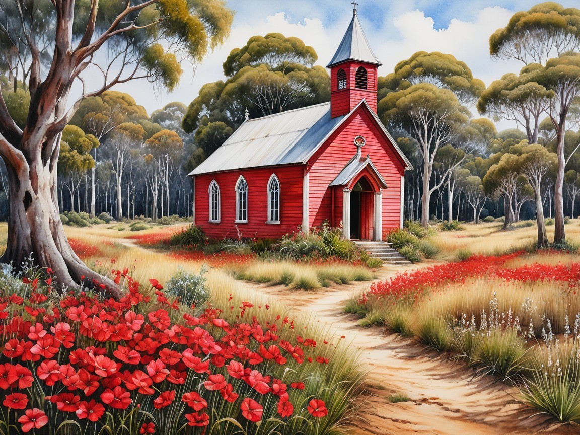 Red Church Surrounded by Poppy Fields and Trees