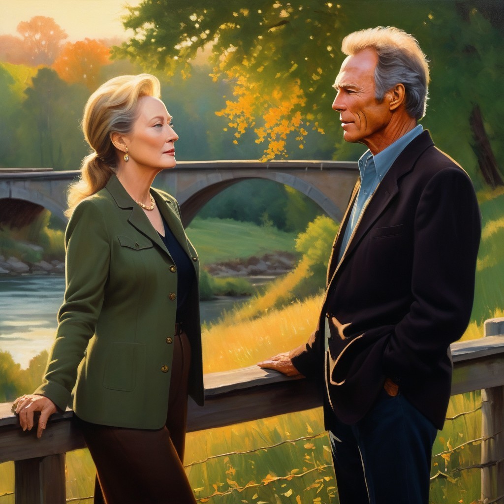 Elegant Conversation by a Picturesque Riverbank at Sunset