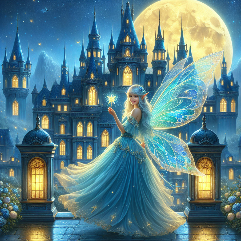 Fairy with Iridescent Wings by a Majestic Castle