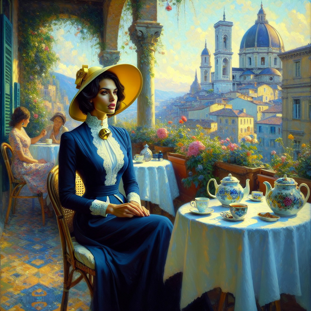 Outdoor Café Scene with Elegant Dress and Skyline