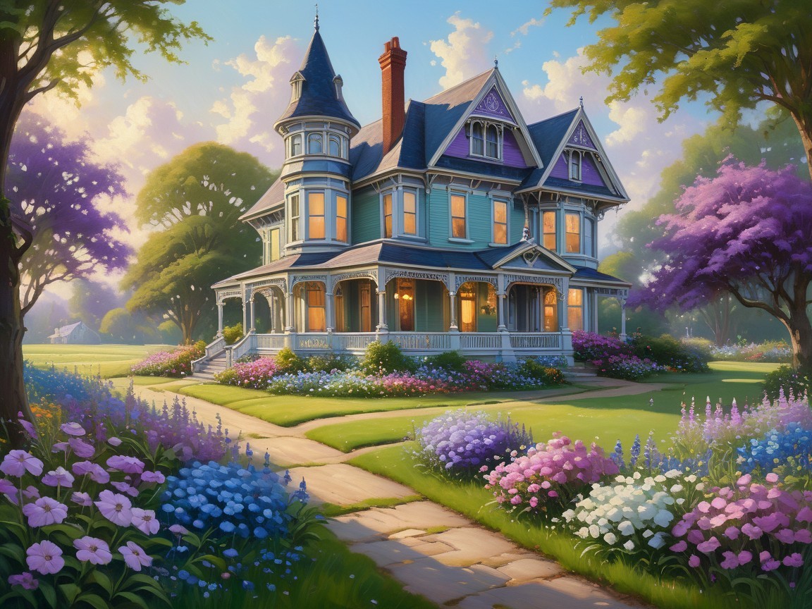 Victorian-style house with vibrant flower beds and garden