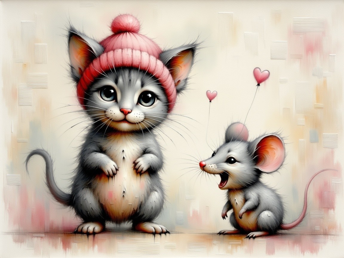 Gray Kitten and Mouse in Whimsical Friendship Scene