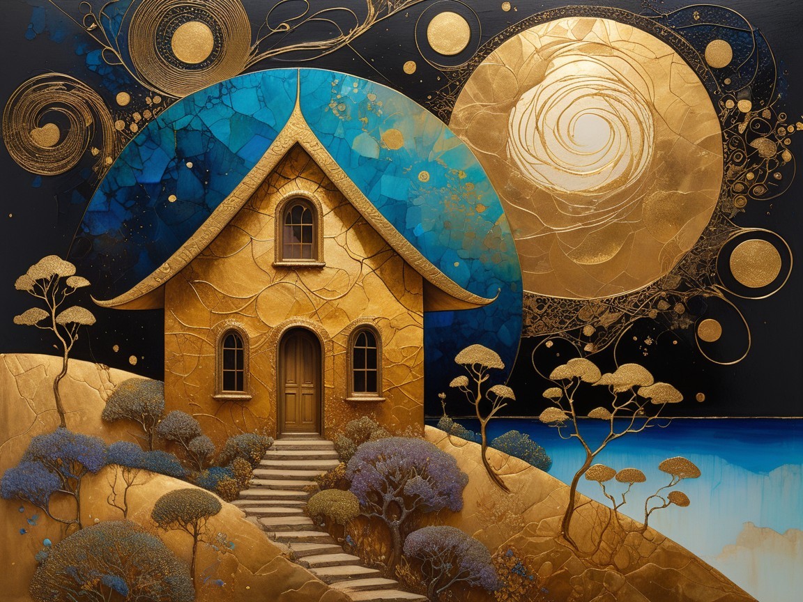 Golden House on a Hill with Abstract Surroundings
