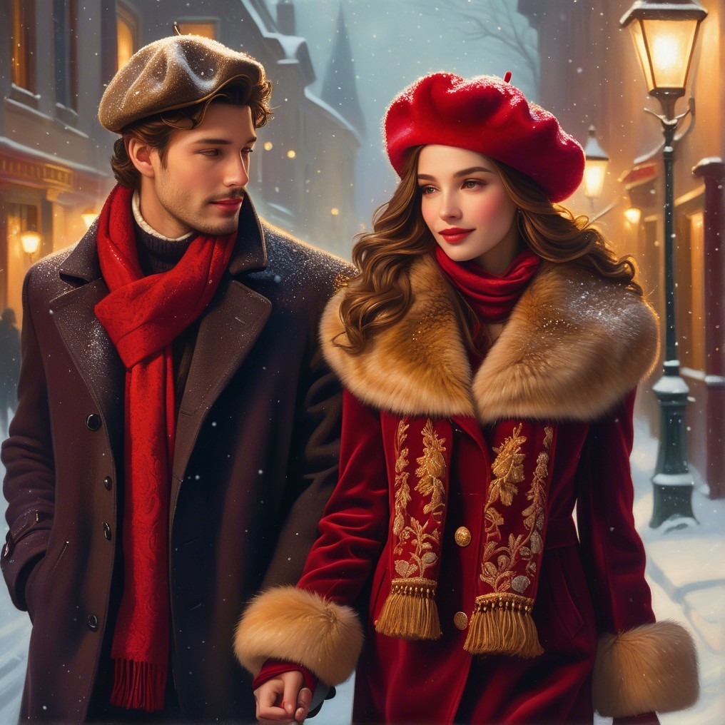 Stylish couple in a winter street with twinkling lights