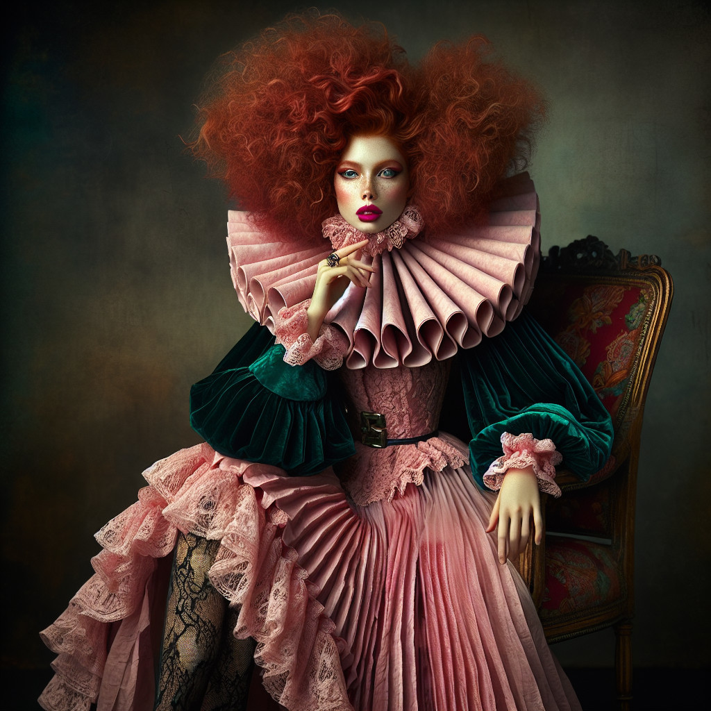 Extravagantly Dressed Woman with Pale Skin and Red Hair