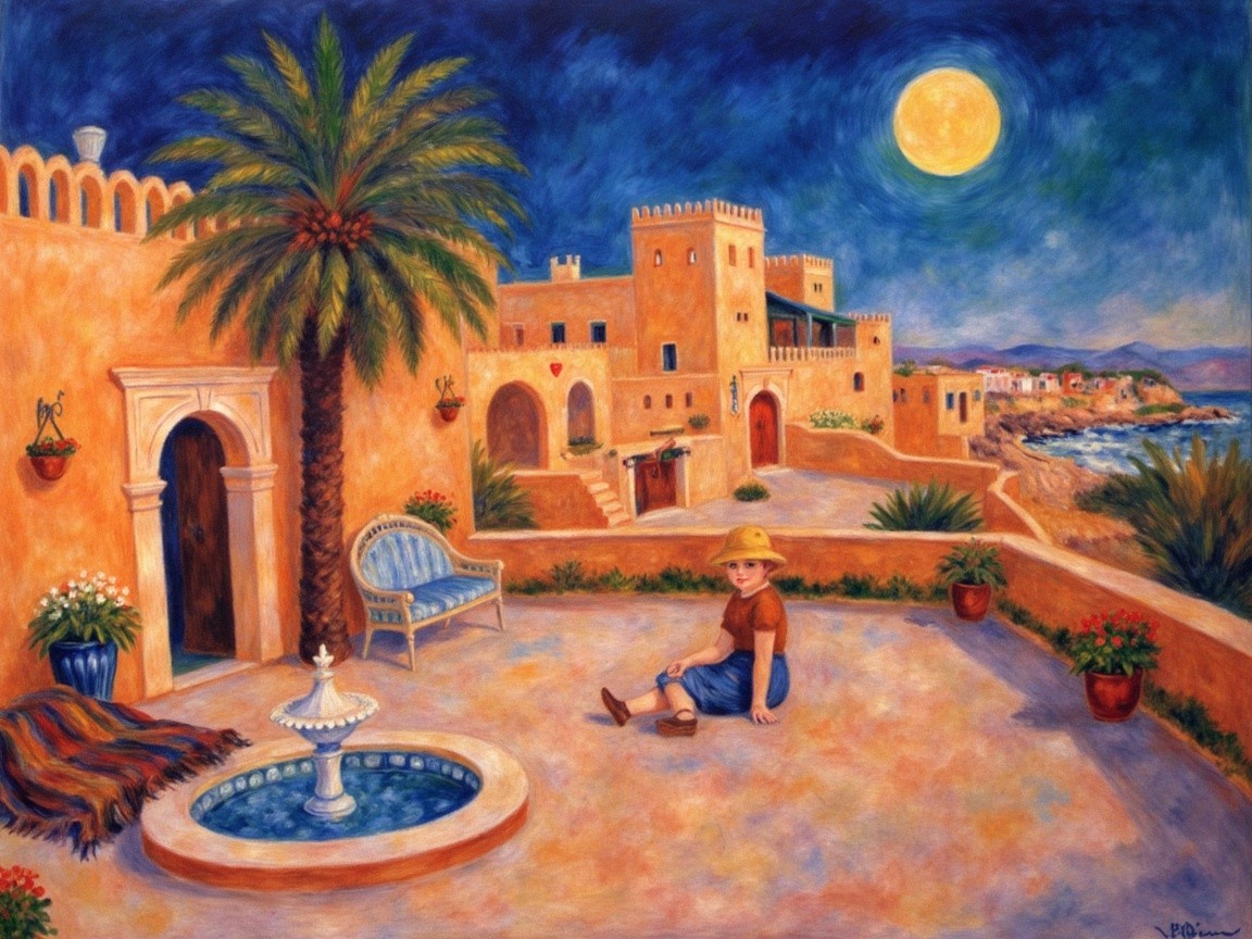 Vibrant Nighttime Courtyard with Fountain and Moonlight